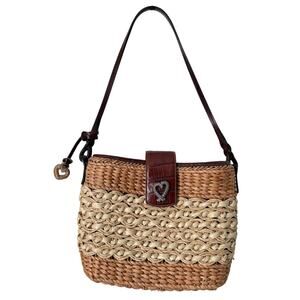 BRIGHTON Purse Sadie Straw Weave 2 Tone Brown Croc Leather Tote Heart